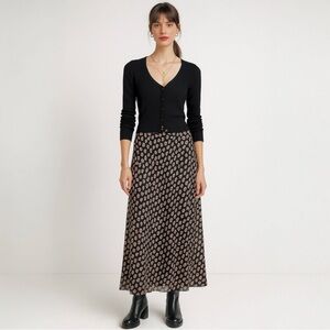 Charter Club Silk Midi Skirt Black Pink Ditsy Floral Cottagecore Grunge Boho